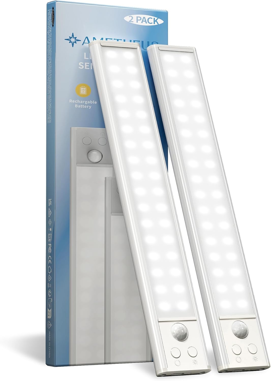 10inch Under Cabinet Lights, Motion Sensor Light Indoor, Wireless Closet Lights, 1800mAh Rechargeable Battery, Magnetic, 5 Levels Dimmable, Under Counter Lights for Kitchen, Bathroom (2 Pack)