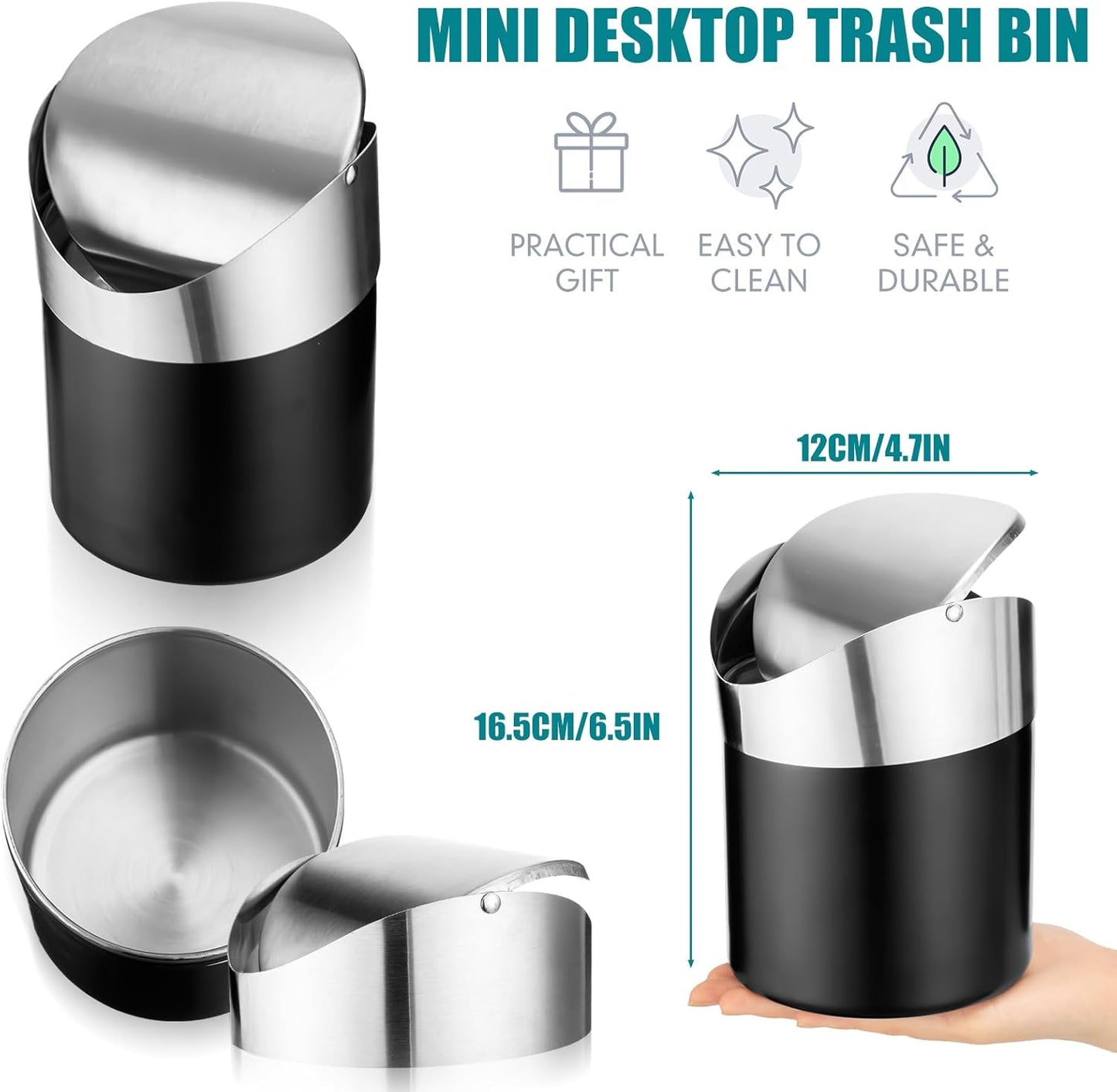 2 Pcs Desk Trash Can with Swing Lids, 12 Rolls of Trash Bags, 2L Brushed Stainless Steel Countertop Garbage Bin Small Wastebasket with Lid for Office Desk, Coffee Table(Matte Black)