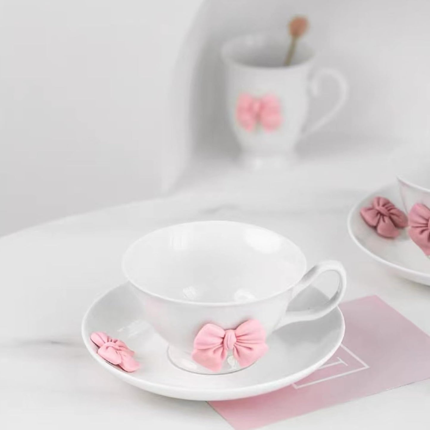 200 ML Violet Bow Coffee Mugs Set with Saucer Coquette Mug Porcelain Coffee Tea Cup Bow Cute Mug for Women Girl