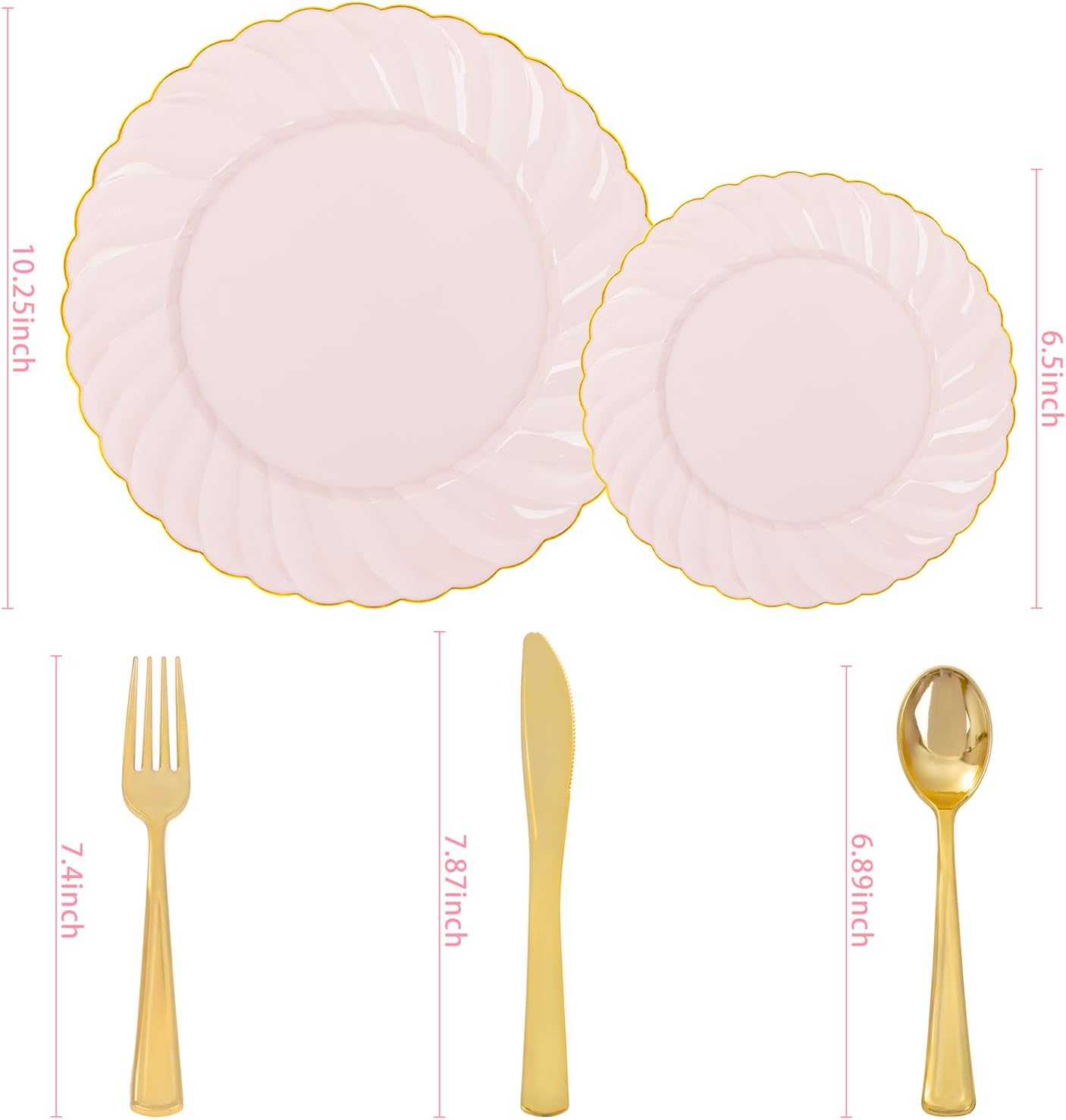YOUBET 125Piece Pink Plastic Plates with Gold Rim – Scalloped Plastic Plates Set Includes 25 Dinner, 25 Dessert Plate, 75 Gold Silverware for 25Geusts for Wedding Birthday Parties & Baby Shower