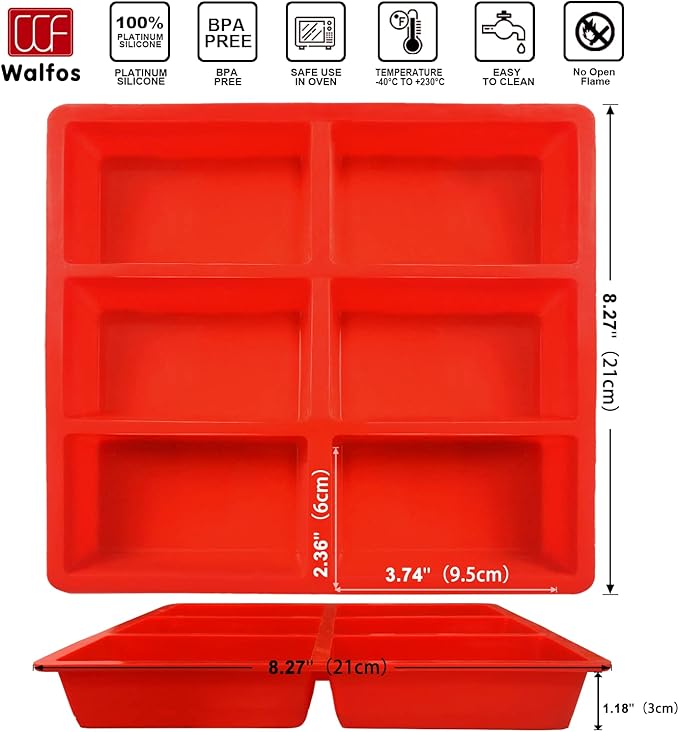 Walfos Silicone Loaf Pan - Non-Stick Silicone Bread Pan, Just PoP Out! Perfect for Bread, Cake, Brownies, Meatloaf, BPA Free & Dishwasher Safe (Mini Loaf Pan, 1 Pack:6 Cavities)