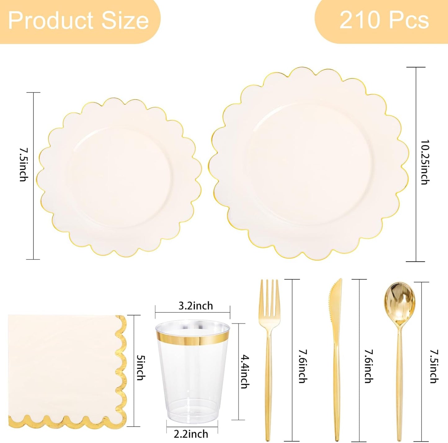 LIYH 210 Pcs Ivory Plastic Plates Thanksgiving Plastic Plates Cream Gold Scalloped Plate Thanksgiving Dinnerware sets Include Plate Gold Silverware Napkins Cup for Birthday Friendsgiving Day 30 Guests