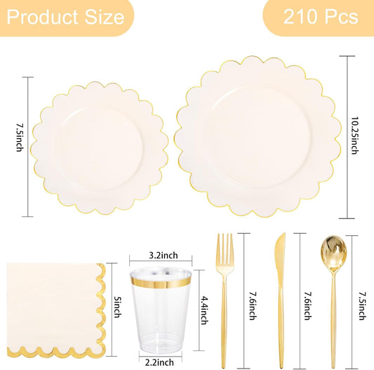 LIYH 210 Pcs Ivory Plastic Plates Thanksgiving Plastic Plates Cream Gold Scalloped Plate Thanksgiving Dinnerware sets Include Plate Gold Silverware Napkins Cup for Birthday Friendsgiving Day 30 Guests