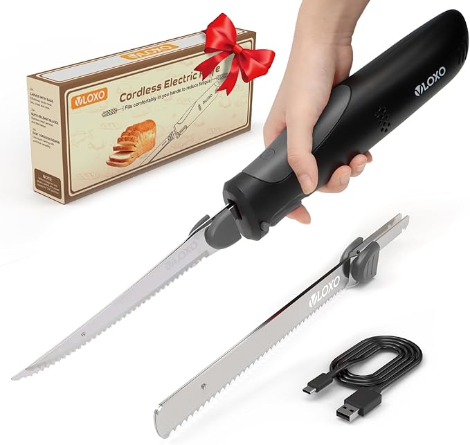 VLOXO Cordless Electric Knife, Rechargeable Electric Carving Knife with 2 Ti-Nitride S.S. Coated Non-Stick Blades Non-Slip Handle Safety Lock Electric Knives for Meat Slicing Fish Fillet Bread Turkey