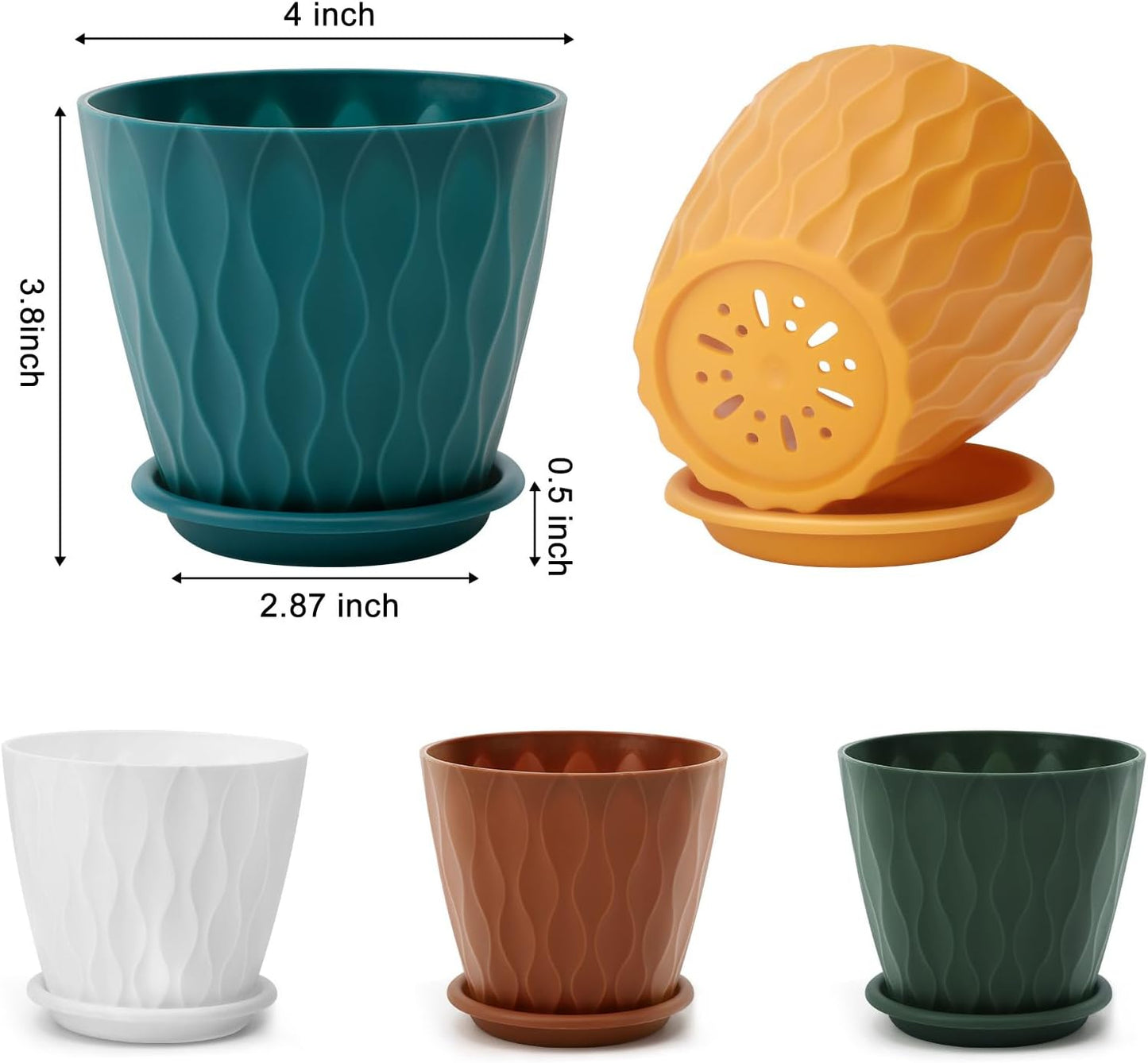 4 inch Plant Pots, 5 Pack Flower Pots Outdoor Indoor, Planters with Drainage Holes and Tray Saucers (Multicolor)