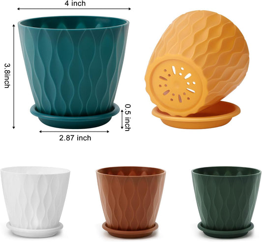 4 inch Plant Pots, 5 Pack Flower Pots Outdoor Indoor, Planters with Drainage Holes and Tray Saucers (Multicolor)
