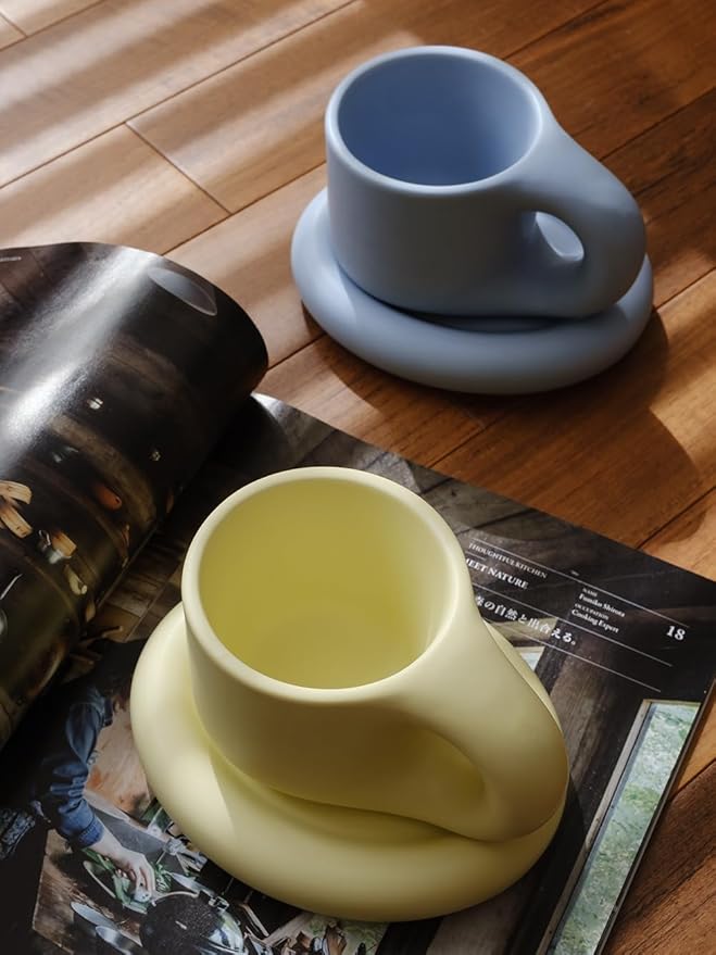 WENSHUO Chubby Funny Coffee Mug, Novelty Cute Cup and Saucer, Matte Crème, 9 oz