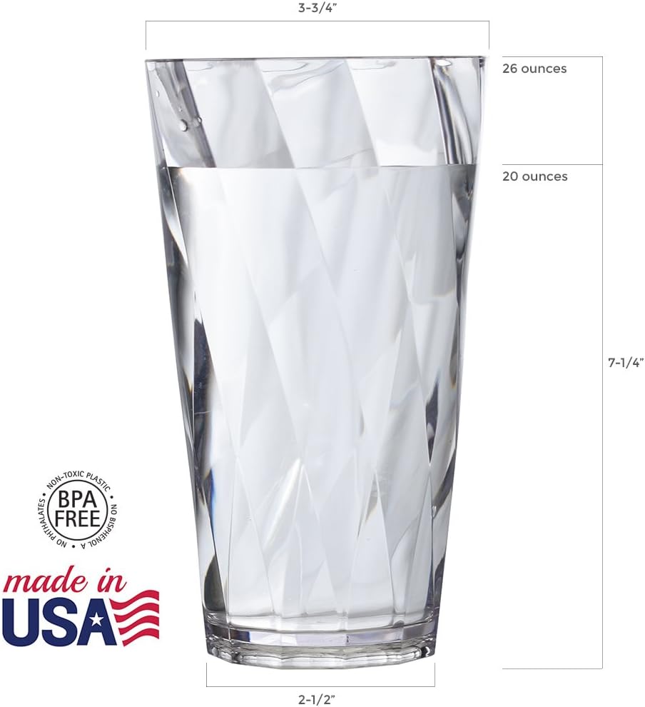 US Acrylic Optix Plastic Reusable Drinking Glasses (Set of 8) 26oz Iced-Tea Cups in Clear | BPA-Free Tumblers, Made in USA | Top-Rack Dishwasher Safe