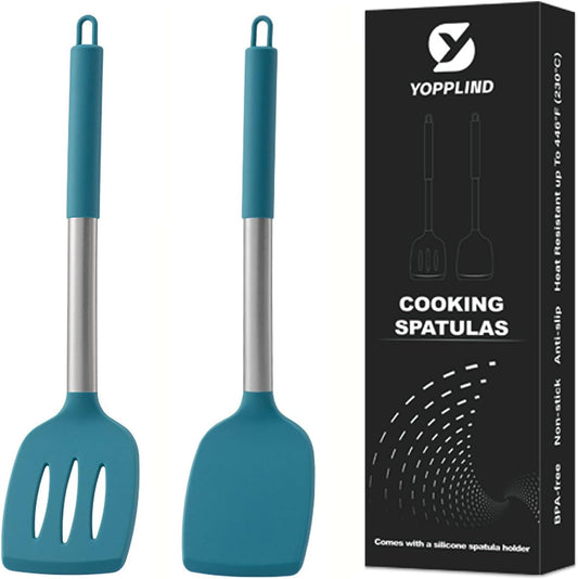 3Piece Silicone Spatula Set, Heat-Resistant, Non-Stick Kitchen Spatulas, BPA-Free, for Eggs, Pancakes, Fish, Woks, Includes Multifunctional shelf spoon pad (Light blue)