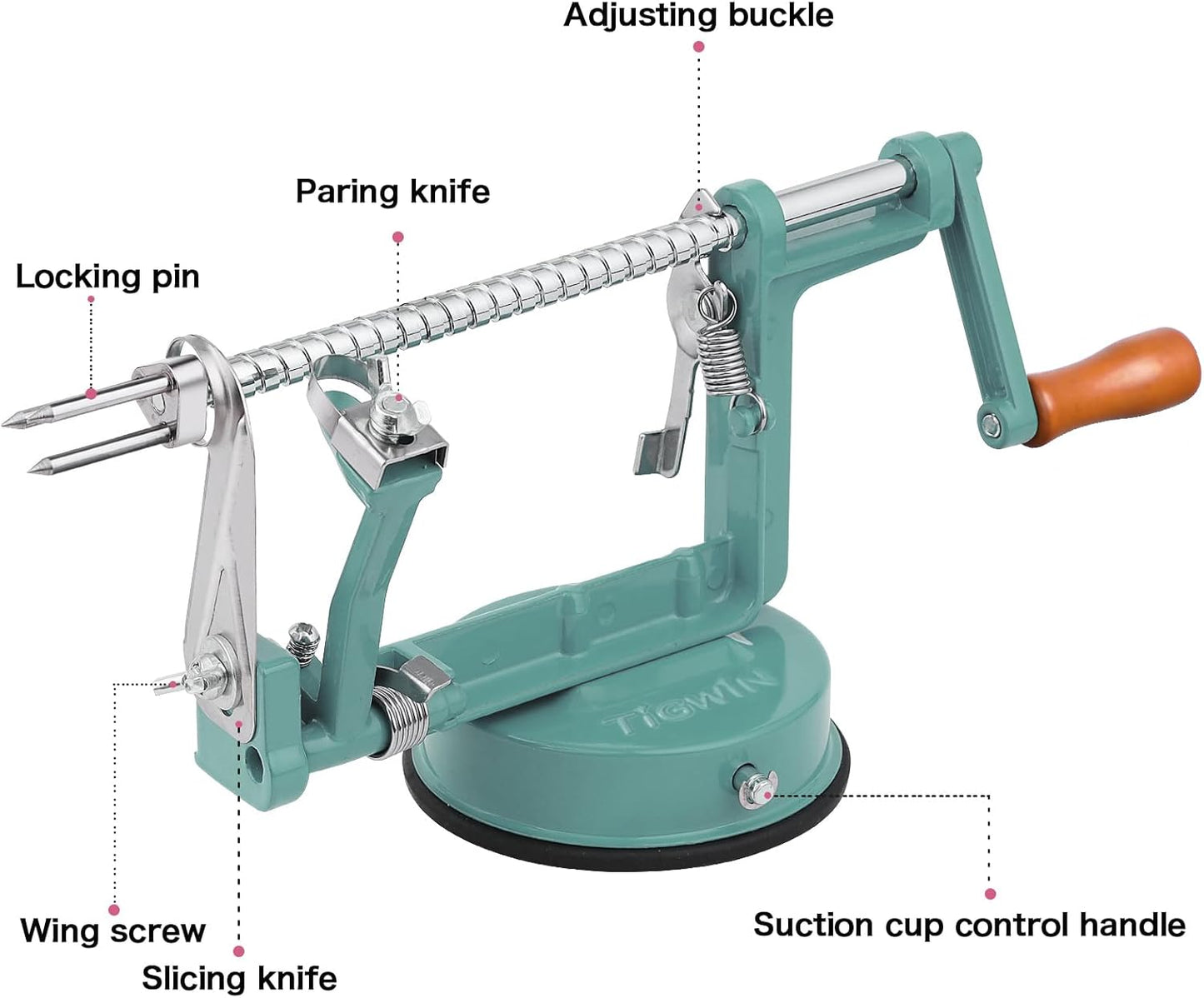 Apple Peeler Corer, Long lasting Chrome Cast Magnesium Alloy Apple Peeler Slicer Corer with Stainless Steel Blades and Powerful Suction Base for Apples and Potato(DeepGreen)