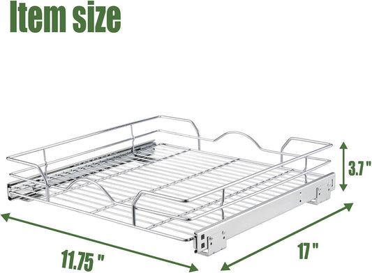 OCG Pull Out Cabinet Organizer (11.75" W x17 D), Pull out Shelves for Kitchen Cabinets, Slide Out Drawers for Base Cabinet Organization in Kitchen Bathroom Pantry, Bottom Mount, Chrome Finish