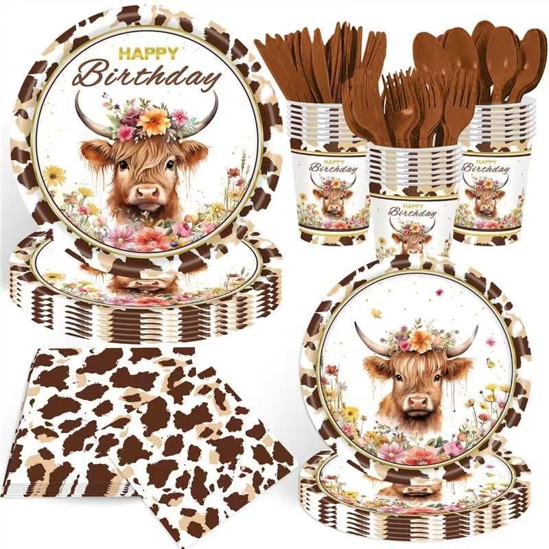 140 Pcs Highland Cow Birthday Party Supplies Holy Cow Highland Themed Baby Shower Birthday Party Decorations Disposable Tableware Set Plates Napkins Cups Serves 20
