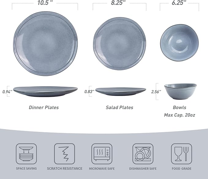 Famiware Aegean Stoneware Dinnerware Set for 4, Plates and Bowls Sets, 12-Piece Scratch-Resistant Dinner Plate Set, Handmade Irregular Round Dishes - Microwave and Dishwasher Safe, Blue Grey