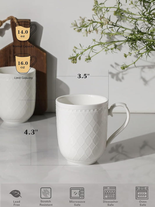Kanwone Coffee Mugs 16oz, Ceramic Mugs Set, Porcelain Cups with Handle for Latte, Hot Tea, Cappuccino, Mocha, Cocoa, Housewarming Wedding Gift, Microwave and Dishwasher Safe, Set of 4, White