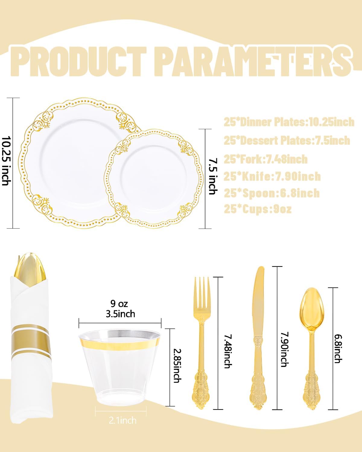 Ciaell 350 PCS Gold Plastic Plates - White and Gold Plates - Gold Disposable Plates Include 50 Disposable Plate, 150 Heavy Duty Silverware, 50 Cups, 50 Napkins for Wedding & Party & Thanksgiving