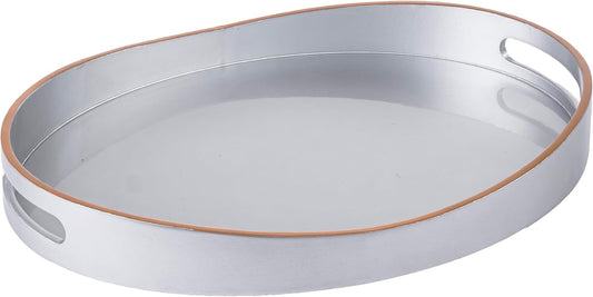 PEMAR 15.7" x 11.8" Oval Lacquer Serving Tray, Handmade Polished Coffee Table Tray w Insert Handles, Luxury Decorative Platters for Dining, Party, Dinner, Breakfast in Bed (Silver)