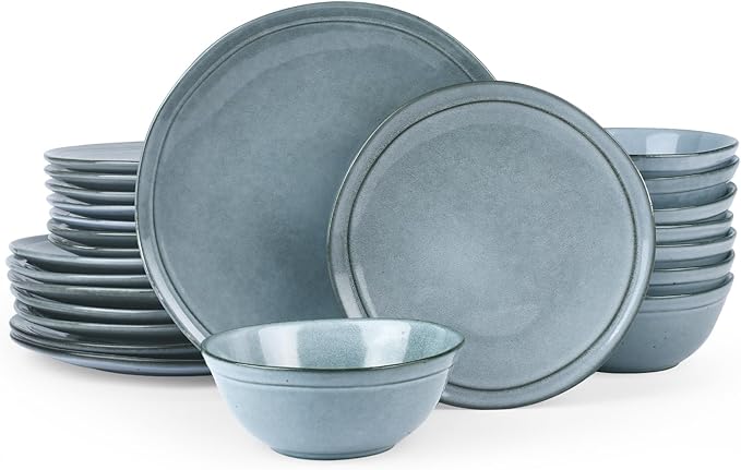 Famiware Aegean Stoneware Dinnerware Set for 8, Plates and Bowls Sets, 24 Pieces Scratch Resistant Dinner Set, Handmade Irregular Round Dishes - Microwave and Dishwasher Safe, Blue Grey