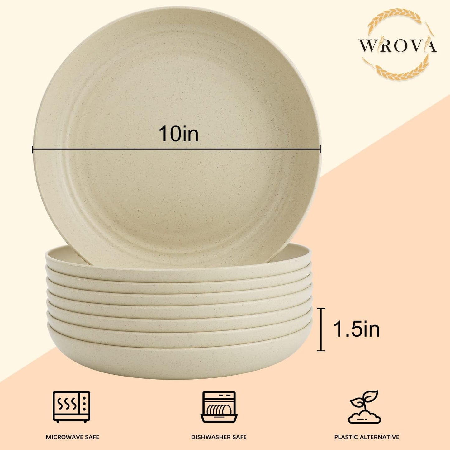 Wrova Wheat Straw Dinner Plates Set of 8 - 10 Inch Unbreakable, Dishwasher & Microwave Safe, Lightweight for Kitchen, R.V. (Beige)