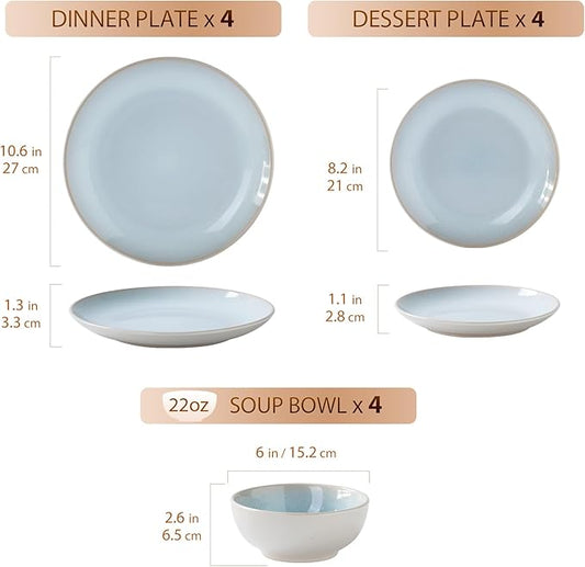 Plates and Bowls Sets for 4 - CJDC-QUELO 12-Piece Stoneware Dinnerware Sets, Ceramic Dishware Set for Kitchen Use and Formal Dining, Chip and Scratch Resistant Microwave Dishwasher Safe, Off White
