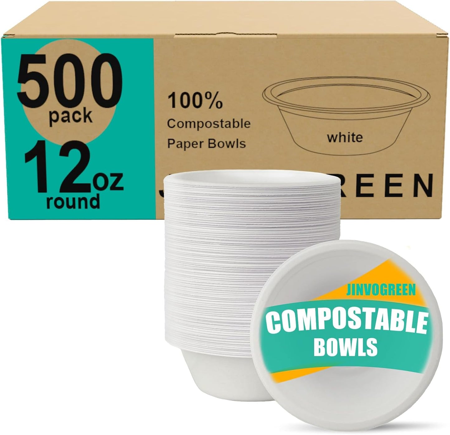 500 Count 12 oz Paper Bowls, Disposable Compostable Bowls Bulk, Heavy Duty Biodegradable Bagasse Bowl for Snacks, Soup, and Salads, White