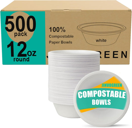 500 Count 12 oz Paper Bowls, Disposable Compostable Bowls Bulk, Heavy Duty Biodegradable Bagasse Bowl for Snacks, Soup, and Salads, White