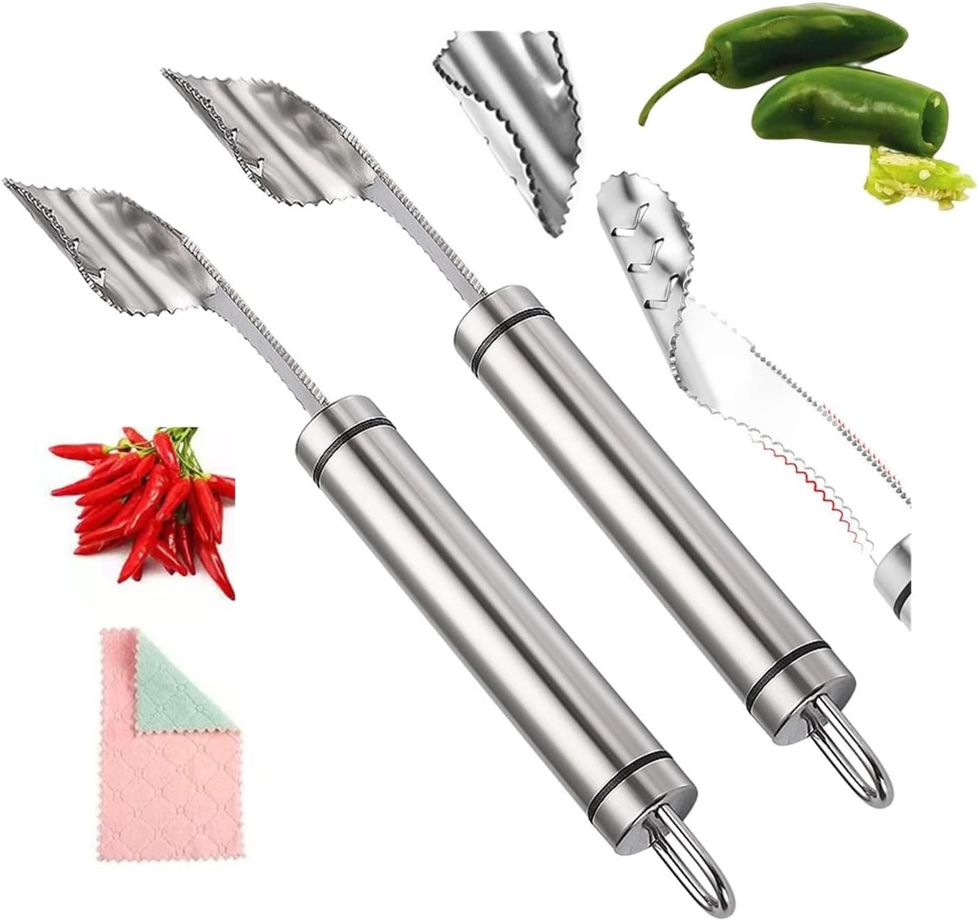 2023 New Pepper Seed Corer Remover with Cleaning Cloth, Jalapeno Pepper Corer Tool Chili Deseeder, 304 Stainless Steel Fruit Seed Remover with Serrated Teeth, Suitable for Kitchen Grill Use (2pcs)