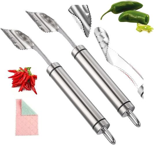 2023 New Pepper Seed Corer Remover with Cleaning Cloth, Jalapeno Pepper Corer Tool Chili Deseeder, 304 Stainless Steel Fruit Seed Remover with Serrated Teeth, Suitable for Kitchen Grill Use (2pcs)