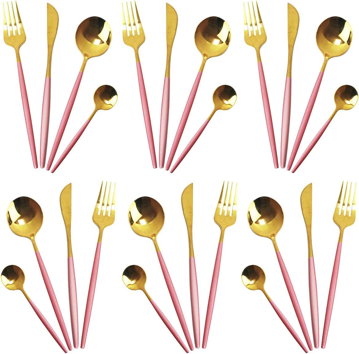 Gugrida 24-Piece Silverware Set - 18/10 Stainless Steel Reusable Utensils Forks Spoons Knives Set, Mirror Polished Cutlery Flatware Set, Great for Family Gatherings & Daily Use (6 set, Pink Handle)