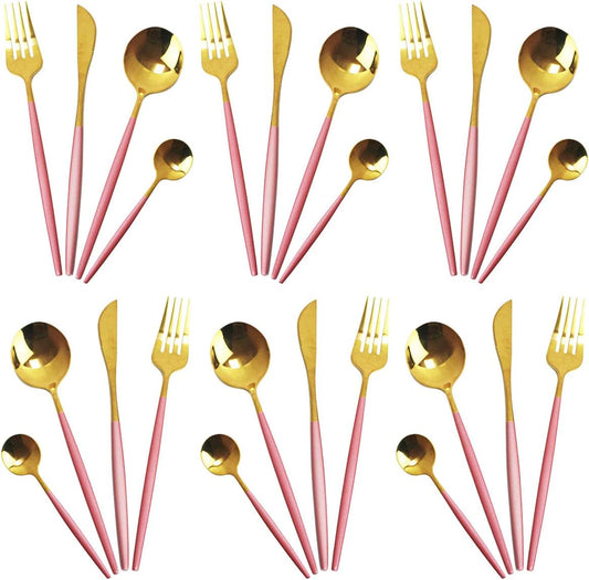 Gugrida 24-Piece Silverware Set - 18/10 Stainless Steel Reusable Utensils Forks Spoons Knives Set, Mirror Polished Cutlery Flatware Set, Great for Family Gatherings & Daily Use (6 set, Pink Handle)
