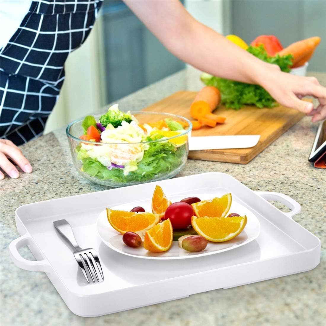 Square Serving Trays with Handles Melamine White 12.5x12.5 Inch Spill Proof Kitchen Eating Trays Set of 2 for Cafeteria Cafe Food Appeizer Dessert Snack Dinner Lunch Breakfast,TR14-02