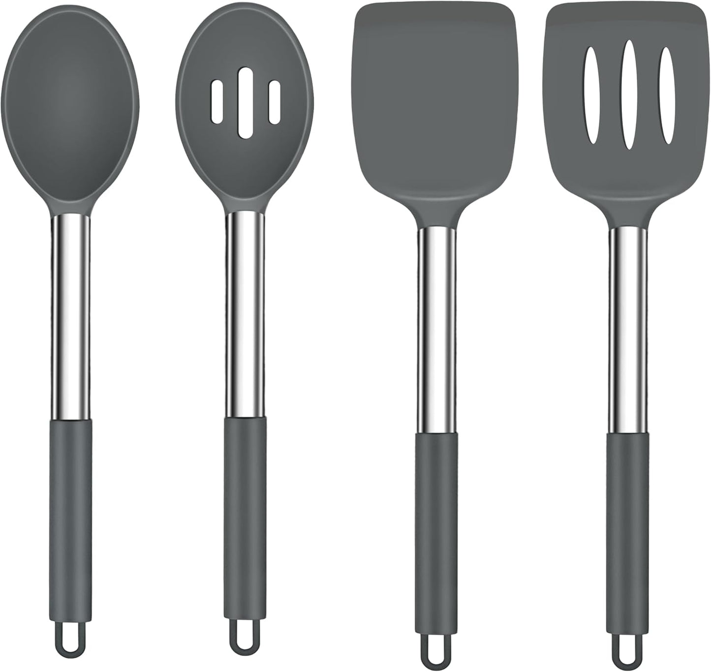 TeamFar Kitchen Utensils, 4PCS Heat-proof Silicone Cooking Utensils Set Slotted Spatula Solid Turner Spoon with Stainless Steel Handle, for Non-stick Cookware Flipping, Frying, Draining – Gray