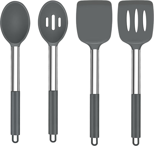 TeamFar Kitchen Utensils, 4PCS Heat-proof Silicone Cooking Utensils Set Slotted Spatula Solid Turner Spoon with Stainless Steel Handle, for Non-stick Cookware Flipping, Frying, Draining – Gray