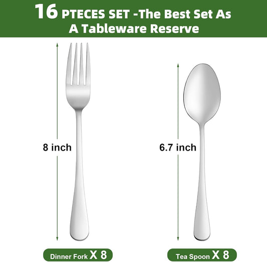 16 Pcs Forks and Spoons Silverware Set, Food Grade Stainless Steel Flatware Cutlery Set for Home, Kitchen and Restaurant, 8 Dinner Fork(8") and 8 Teaspoon(6.7"), Mirror Polished, Dishwasher Safe