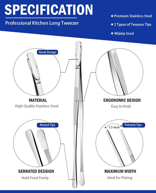 JETKONG 4 Pcs Kitchen Tweezers, 12'' and 10'' Stainless Steel Cooking Tweezers Set, High-Precision Tweezer Tongs for Cooking, Repairing, Seafood and BBQ (Silver)