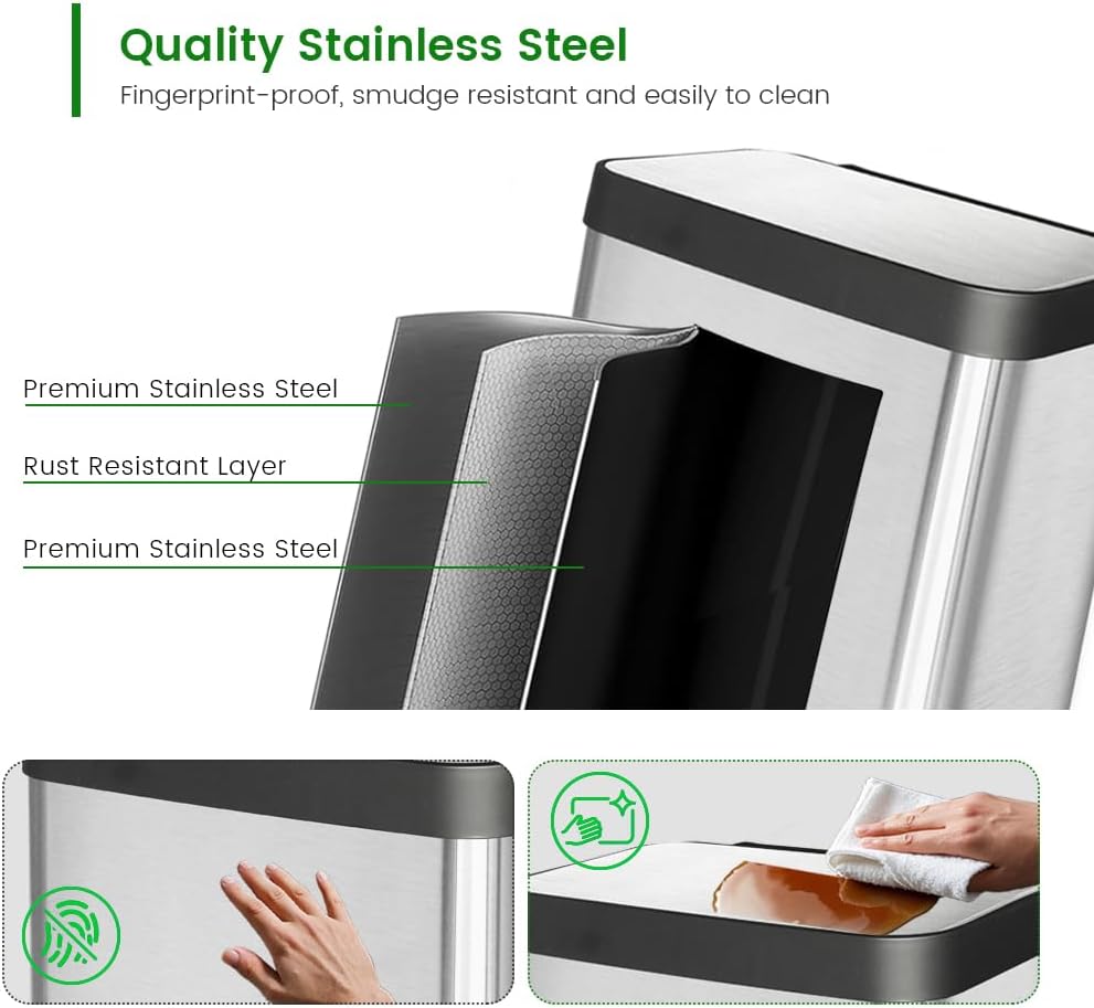 10 Gallon Stainless Steel Trash Can with Removable Inner Bucket, Soft Close & Stay Open Lid, Step-on Pedal – Modern Kitchen Waste Bin