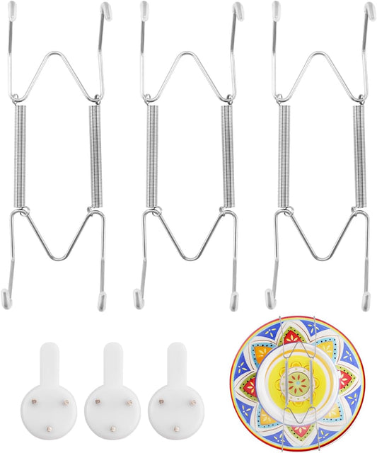 3 Pack Plate Hangers for The Wall Suitable for 6-8 inch Small Decorative Plate, Invisible Stainless Steel Plate Hangers for Display with Wall Hooks, for Plates/Platter/Dish/Picture(Silver)