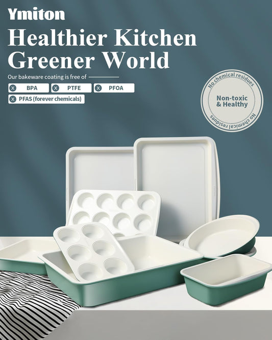 Ceramic Nonstick Baking Pans Set, Non Toxic 33 PCS Stackable Bakeware Sets, 550°F Oven Safe Baking Sheet & Pans, Warp-Free, Dishwasher Safe, PTFE/PFOA/PFOS-Free (Green)