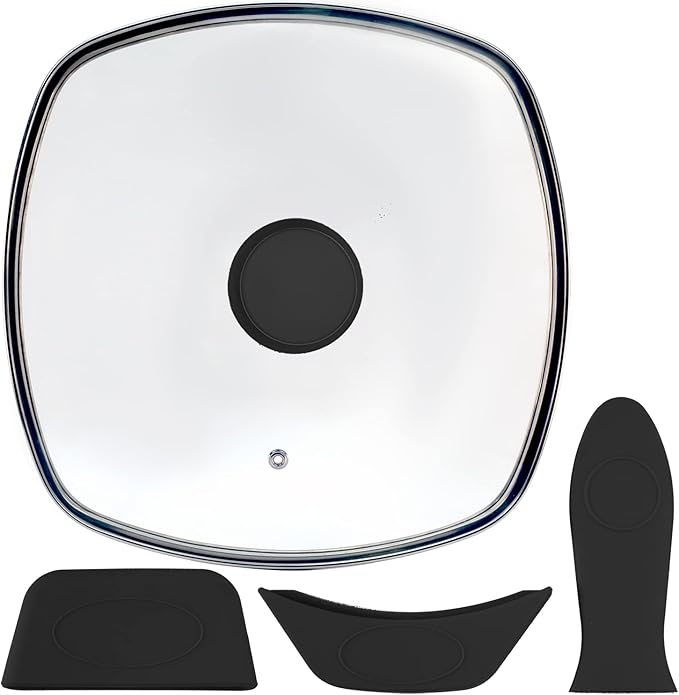 FOLI Square Glass Lid for Grill Pans with Steam Vent Hole - Fits Lodge Cast Iron Skillets 10.5inch/26.67cm Silicone Potholder- Square Tempered Glass Lid - Universal Replacement Cover Silicone Knob