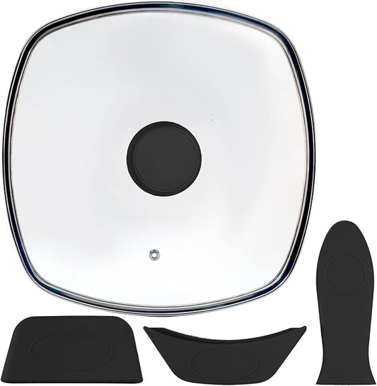 FOLI Square Glass Lid for Grill Pans with Steam Vent Hole - Fits Lodge Cast Iron Skillets 10.5inch/26.67cm Silicone Potholder- Square Tempered Glass Lid - Universal Replacement Cover Silicone Knob