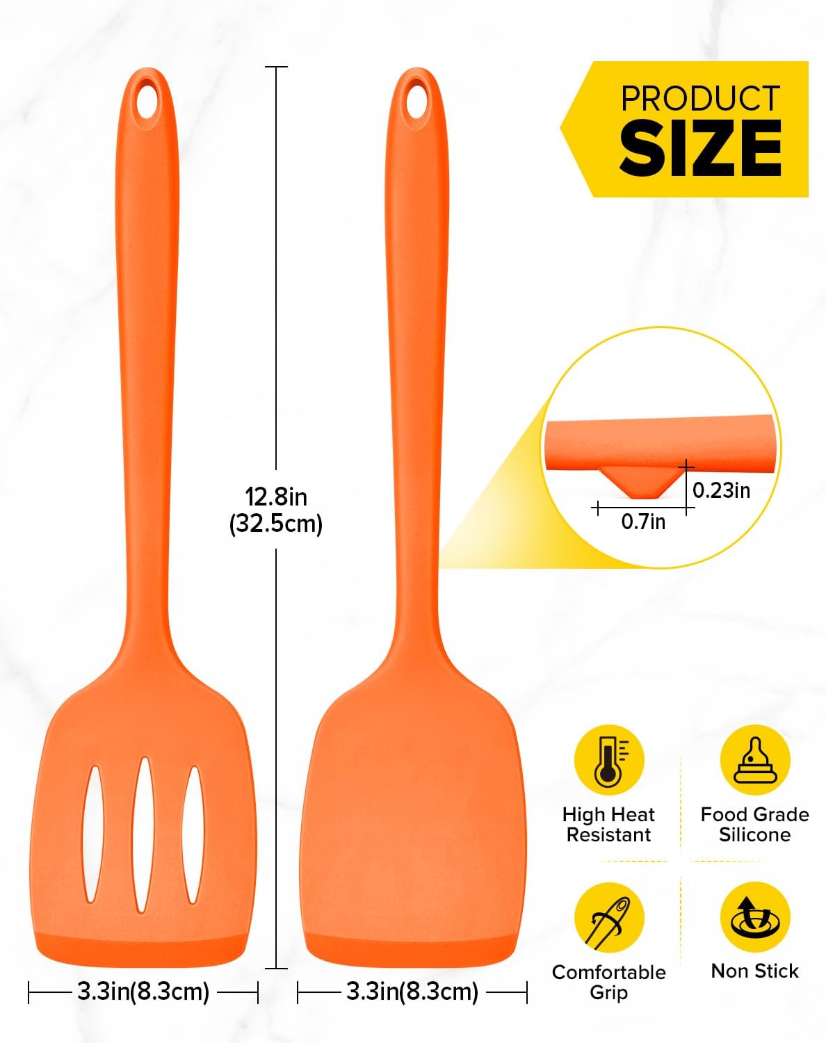 Pack of 2 Silicone Spatula Turners, Non Stick Slotted Kitchen Spatula Set, Heat Resistant BPA Free Kitchen Utensils, One-Piece Design, Suitable for Flipping Fish, Eggs, Steak, Pancakes (ORANGE)