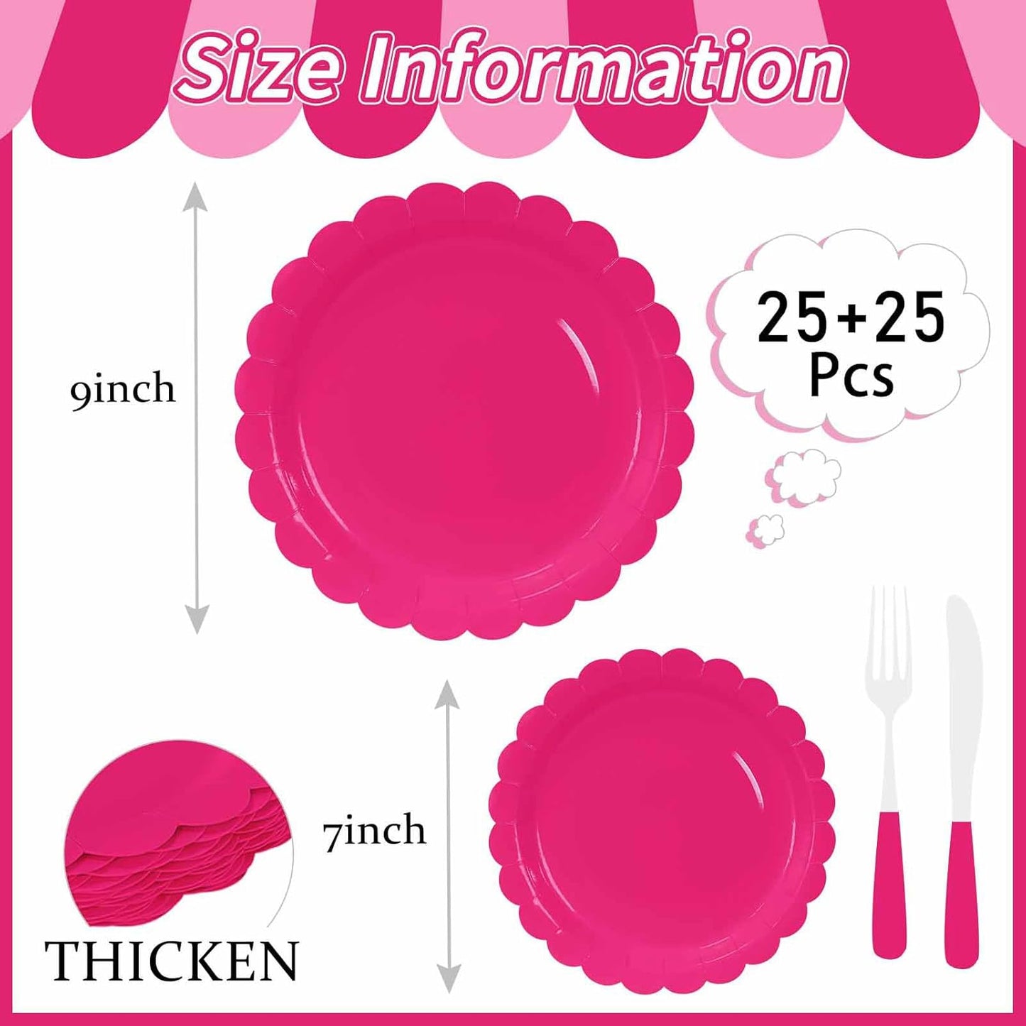 50 Pcs Hot Pink Scalloped Paper Plates 25 × 7'' and 25 × 9'' Disposable Hot Pink Scalloped Dinner Plates for Wedding Baby Shower Birthday Party Disposable Dessert Plate