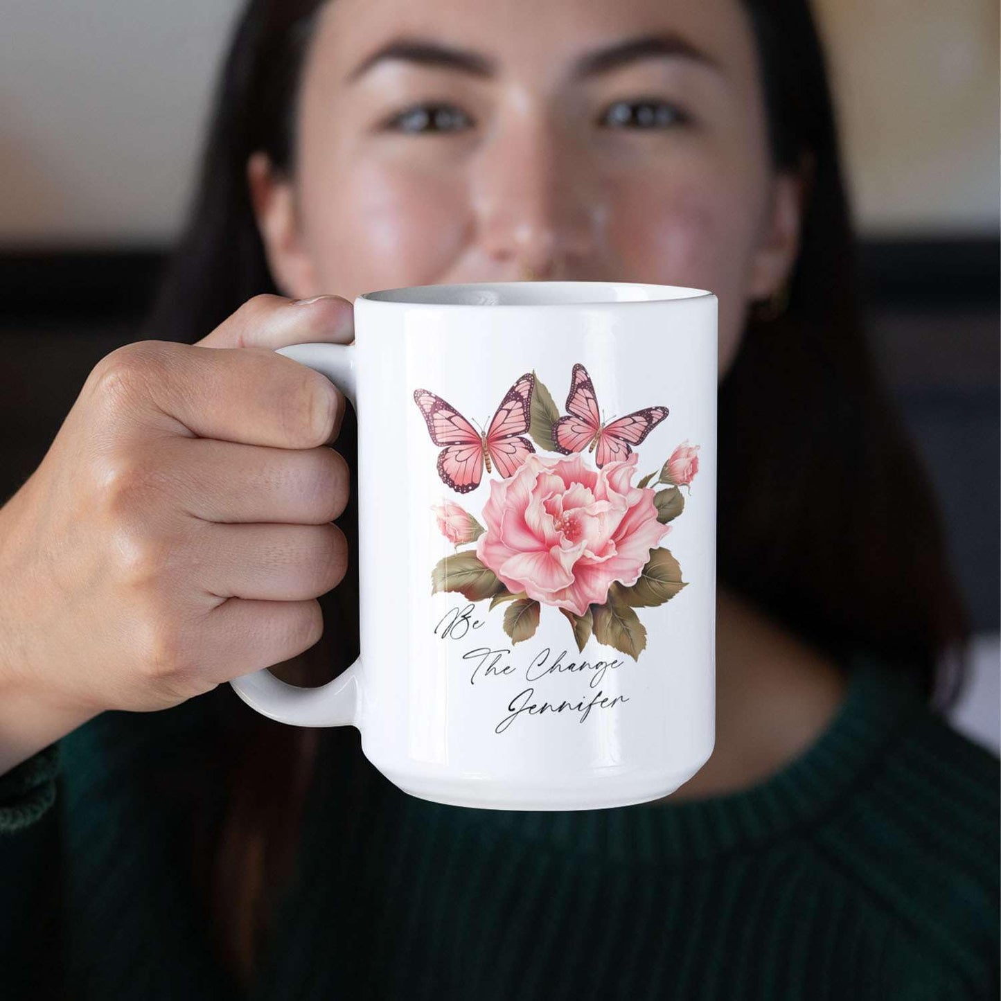 Great Custom Be The Change Tea Cups, Personalized Name On Porcelain Butterfly Travel Mug With Flowers Details, Customized Colorful Butterfly Coffee Cup For Animal Lover On Birthday