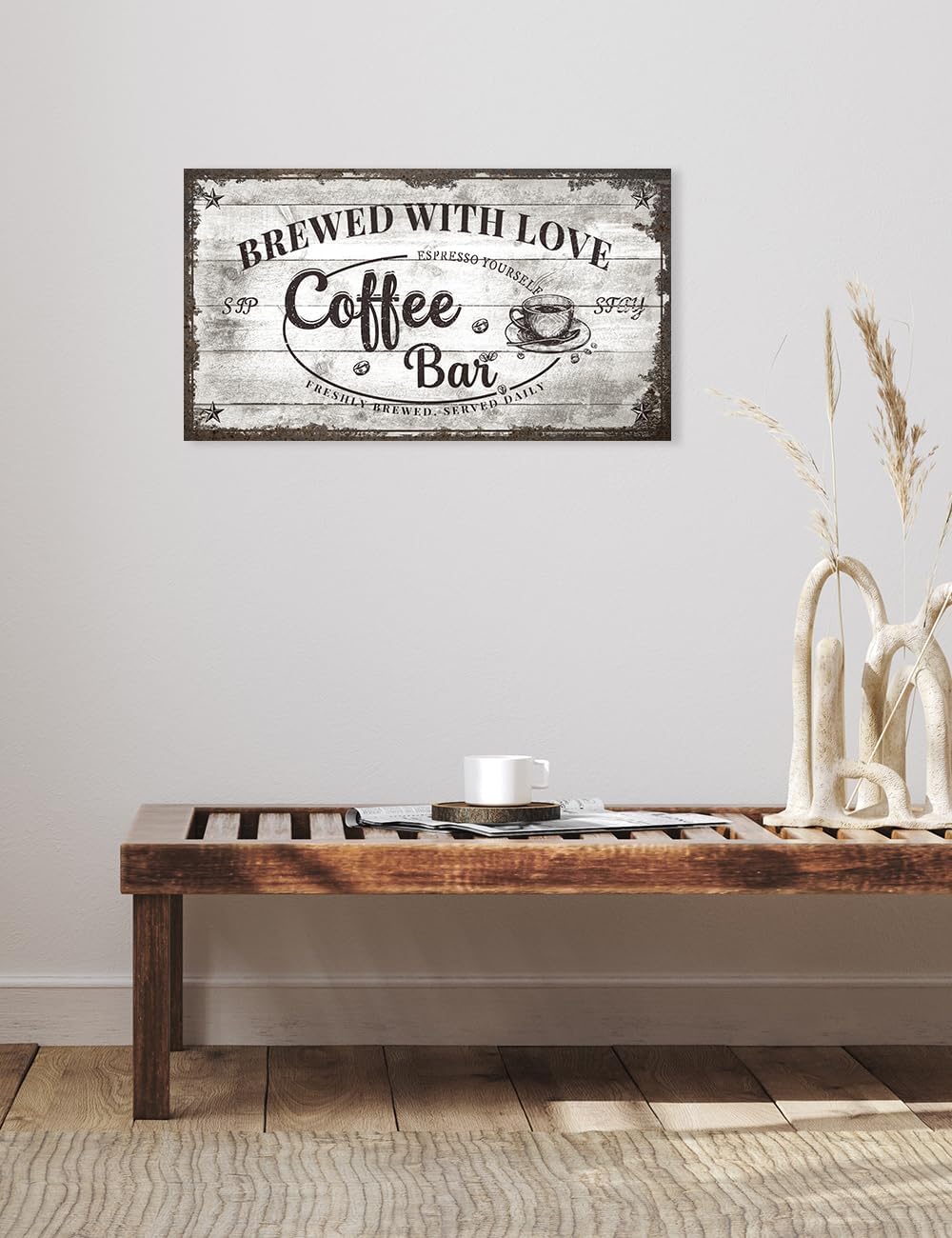 IPIC - Vintage Coffee Bar Sign Brewed with Love, Canvas Print Wall Art for Cafe, Farmhouse Style Wall Decor for Home Kitchen and Coffee Station