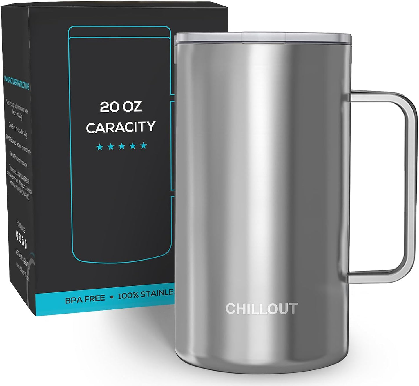 CHILLOUT LIFE Stainless Steel 20 oz Vacuum Insulated Coffee Mug with Handle and Lid, Large Thermal Camping Coffee Mug Cup with Durable Sliding Lid for Men & Women, Keeps your Beverages Hot/Cold