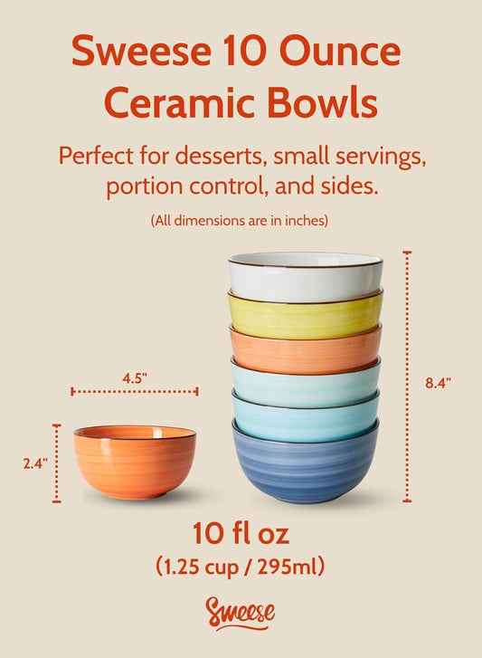 Sweese 10 Oz Ceramic Ice Cream Bowls, Set of 6 - Multicolor Dessert, Cereal, Soup Bowls, Dishwasher Microwave Safe