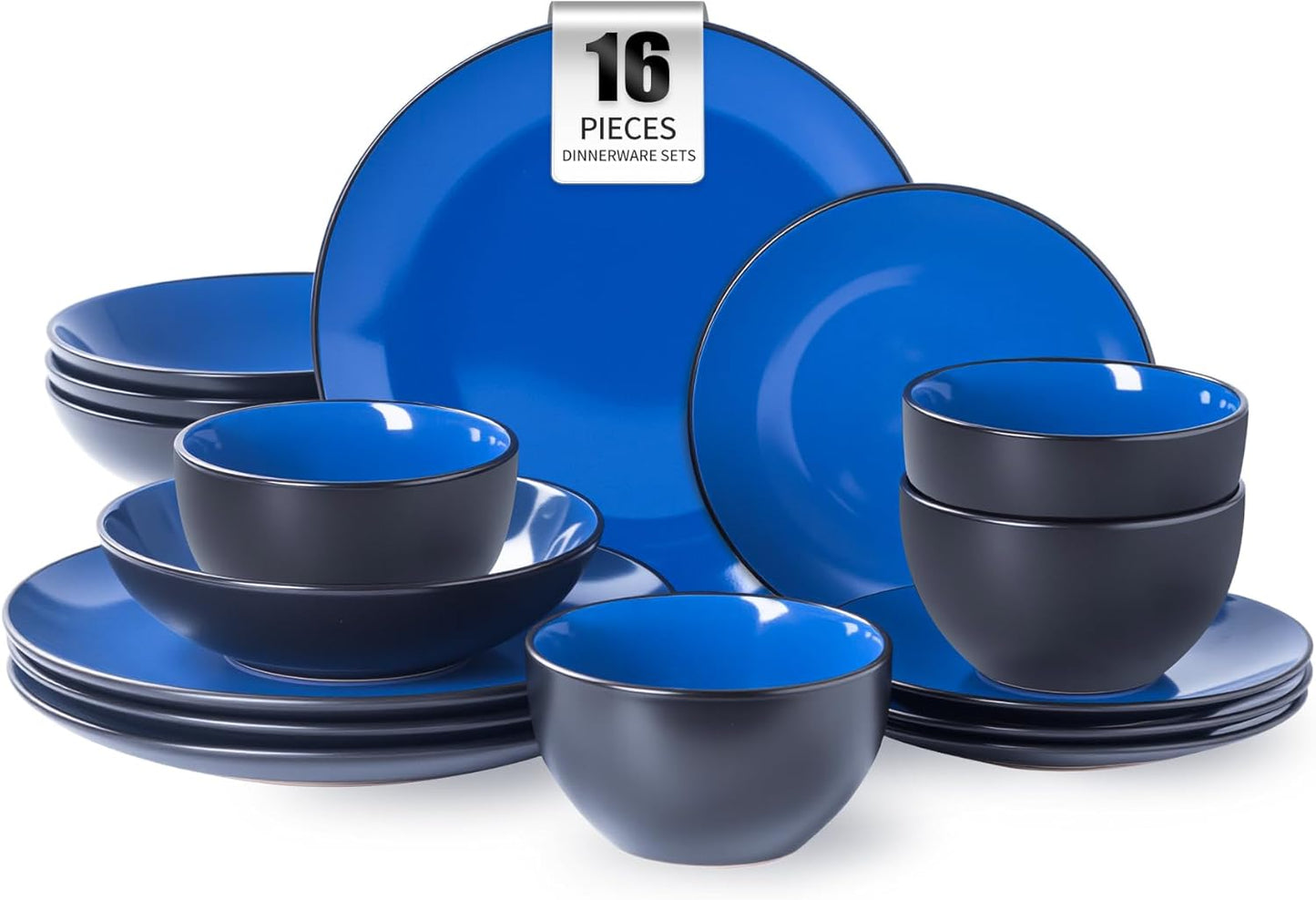 Plates and Bowls Sets for 4 - CJDC-QUELO 16-Piece Stoneware Dinnerware Sets, Ceramic Dishware Set for Indoor Kitchen Use and Formal Dining, Chip and Scratch Resistant Microwave Dishwasher Safe, Blue
