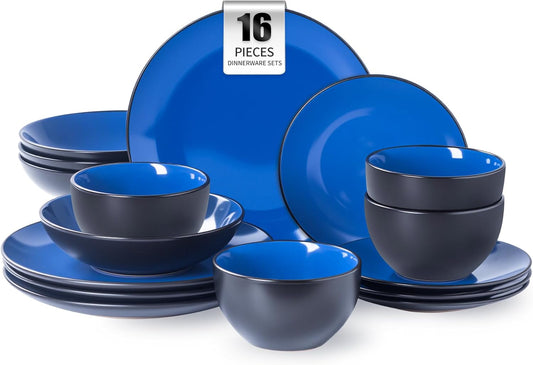Plates and Bowls Sets for 4 - CJDC-QUELO 16-Piece Stoneware Dinnerware Sets, Ceramic Dishware Set for Indoor Kitchen Use and Formal Dining, Chip and Scratch Resistant Microwave Dishwasher Safe, Blue