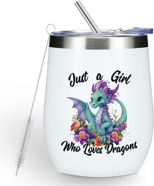 Cute Funny 12 oz Tumbler, Wine Tumbler Insulated Wine Glass with Lid, Dragon Gifts for Women Girls Dragon Decor Stuff for Friend Daughter Sister Bestie Animal Lover Friendship Christmas Birthday