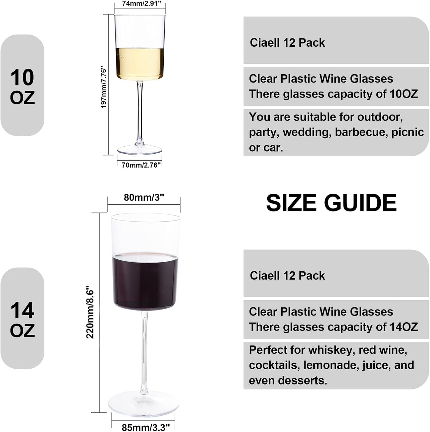 Ciaell 12 Pack Clear Plastic Wine Glasses - 14Oz Plastic Wine Glasses with Stem - Disposable Stemmed Wine Glass for Parties & Weddings & Outdoor