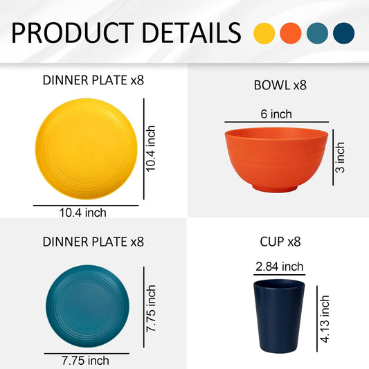 Supernal 32pcs Wheat Straw Dinnerware Sets,Plastic Plates and Bowls Sets for 8 Unbreakable Plates and Bowls Sets Dishwasher Safe Microwave Safe Fun Colors Perfect for Cooking Family Camping Picnics